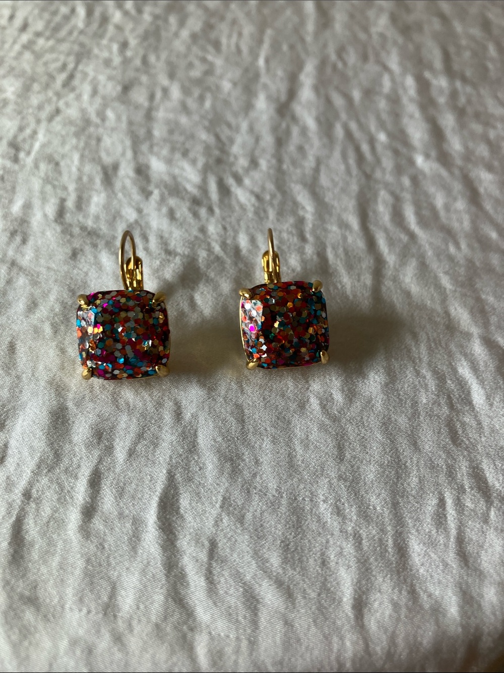 kate spade: gold-tone multi-color glitter square drop clip-on earrings